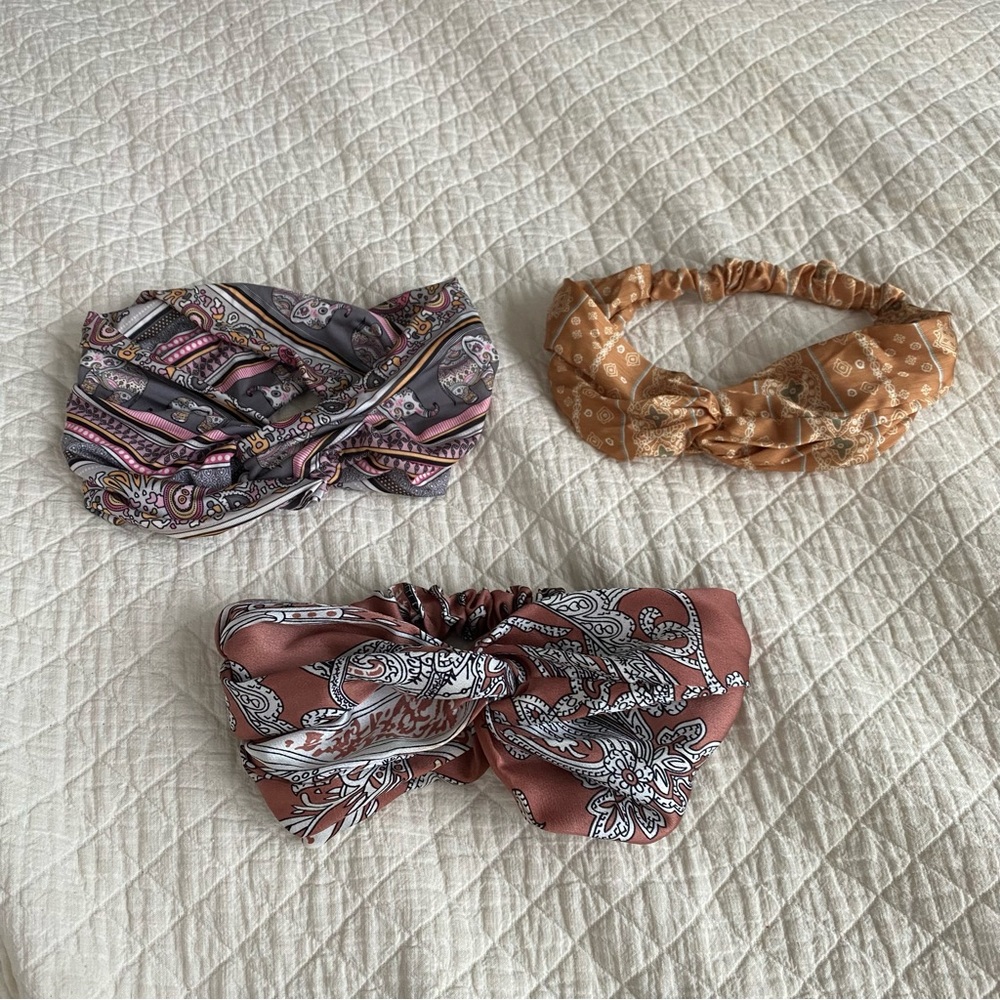 Bundle of 3 Paisley & Bandana Print Headwraps Headbands Brown Satin Boho Western